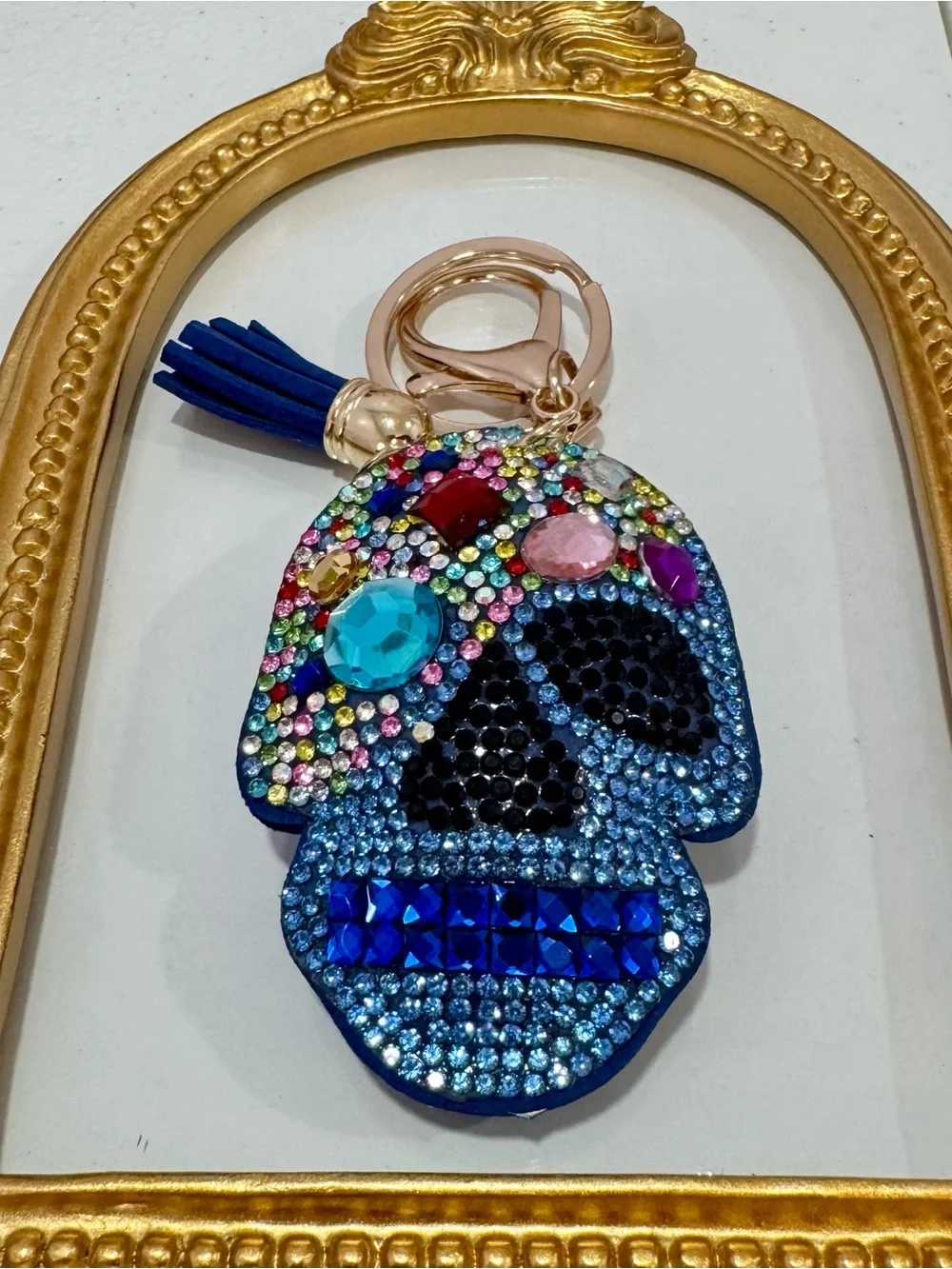 New Blue Multicolor Rhinestone Sugar Skull Keychain with Tassel